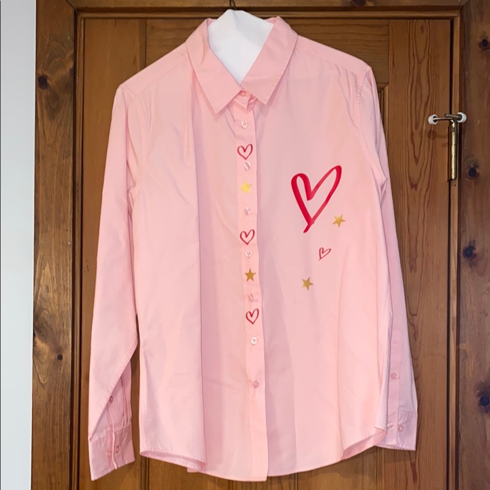 Bululu Pink and Gold Heart Star Button Down with Painted Back and Elbow Designs